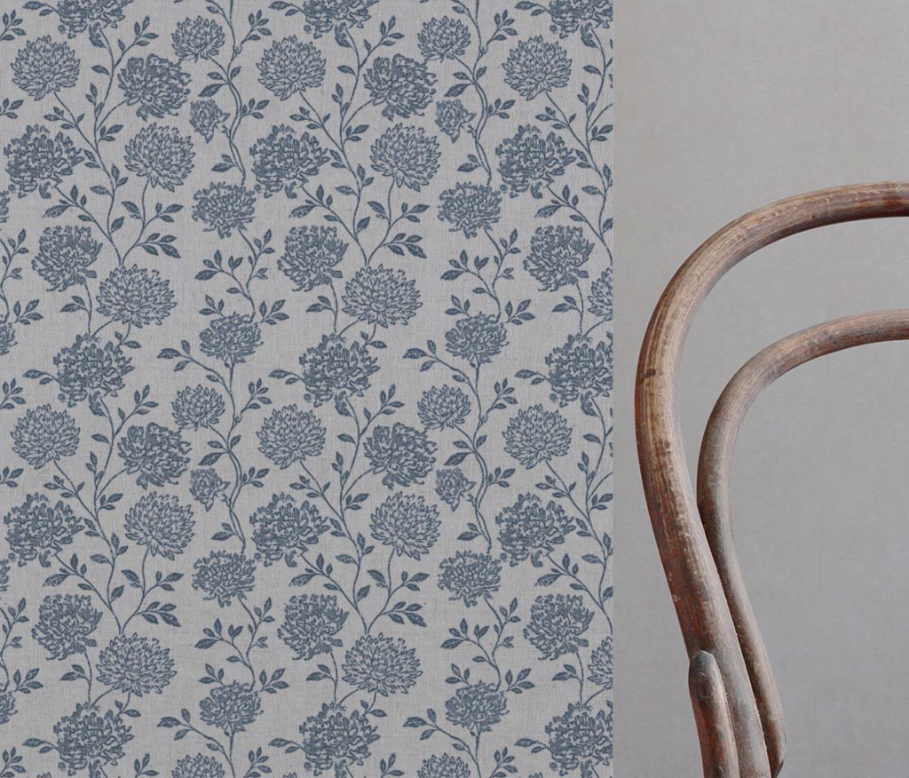 Blue Floral Linen Curtain Fabric - Hulsey Denim - Natural base fabric.