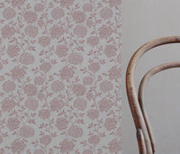 Pink Floral Linen Curtain Fabric - Hulsey Dusty Pink - Natural base fabric.