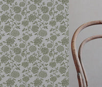 Green Floral Linen Curtain Fabric - Hulsey Khaki - Natural base fabric.