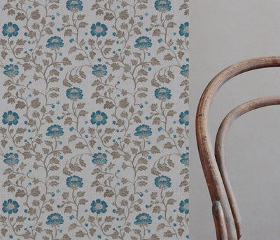 Blue Floral Linen Curtain Fabric - Islie Blue Stone - Natural base fabric.