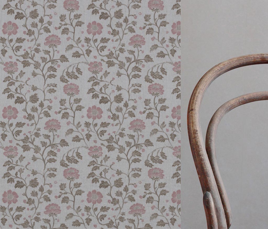 Pink Floral Linen Curtain Fabric - Islie Dusty Pink - Natural base fabric.