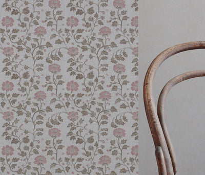 Pink Floral Linen Curtain Fabric - Islie Dusty Pink - Natural base fabric.