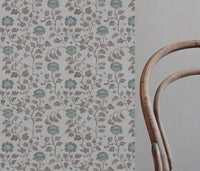 Light Green Floral Linen Curtain Fabric - Islie Sage - Natural base fabric.