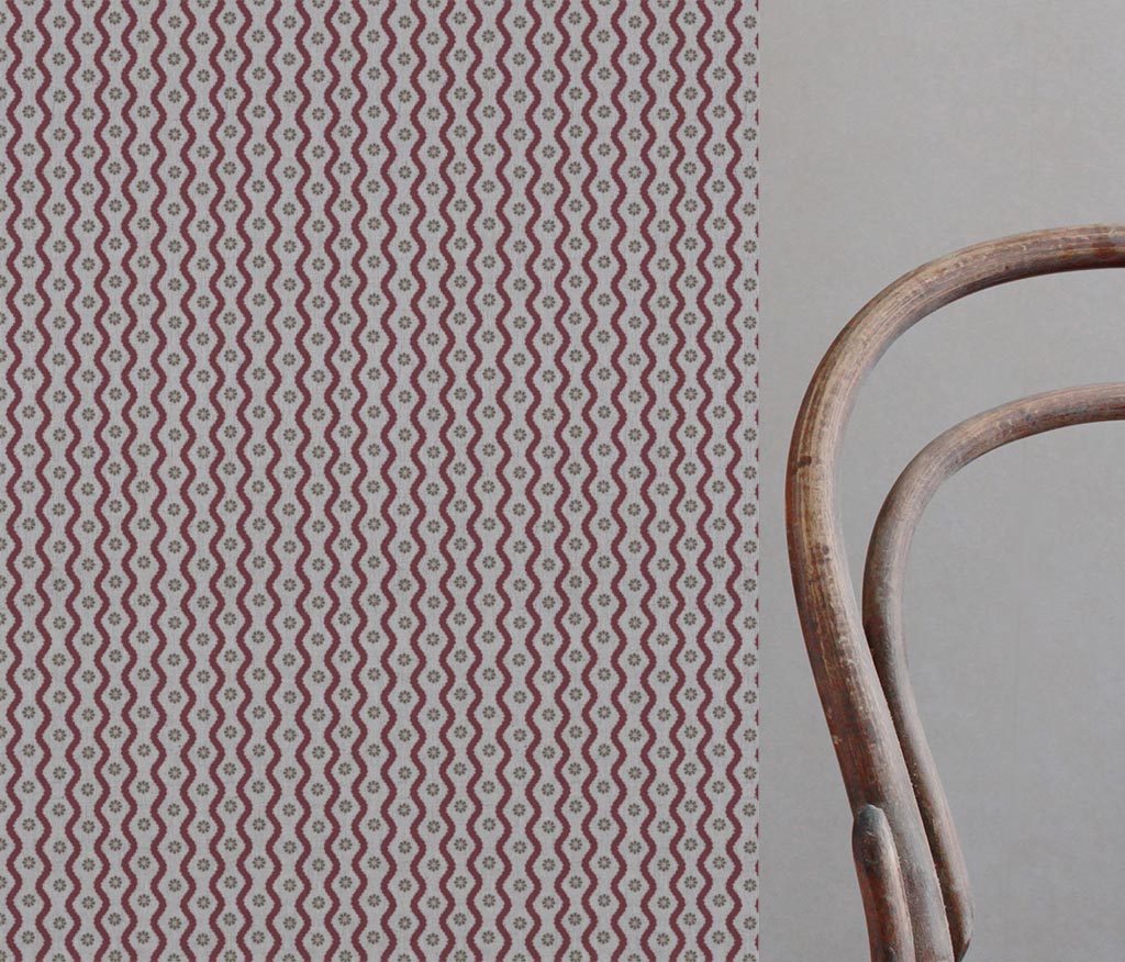 Red Abstract Linen Curtain Fabric - Kirabe Wine - Natural base fabric.