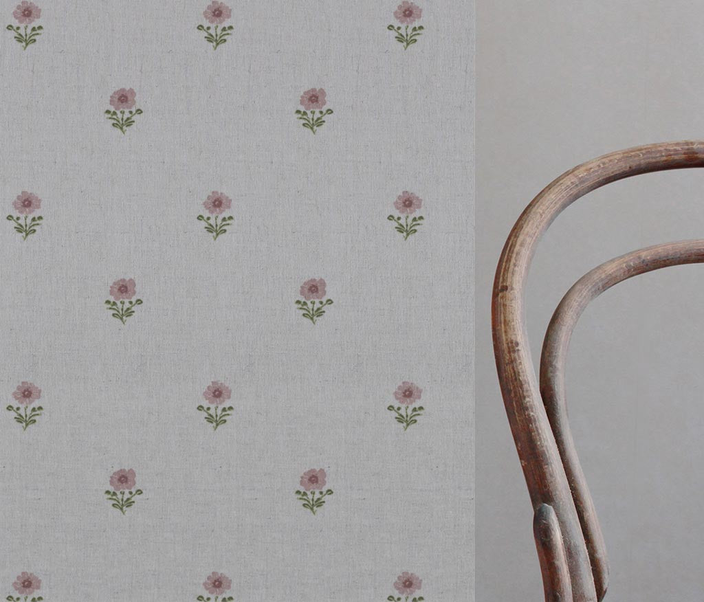 Pink Floral Linen Curtain Fabric - Ksandra Pink - Natural base fabric.