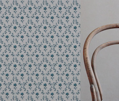 Blue Botanical Linen Curtain Fabric - Lulani Blue Stone - Natural base fabric.