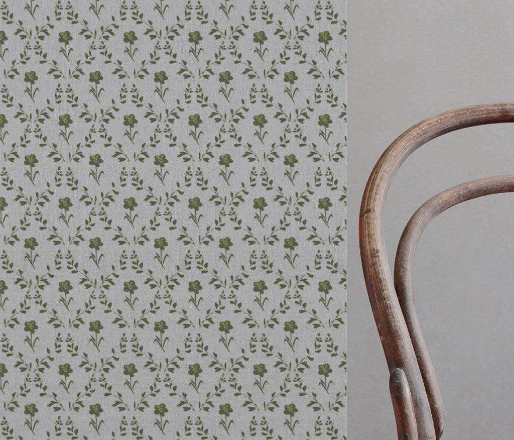 Green Botanical Linen Curtain Fabric - Lulani Khaki - Natural base fabric.
