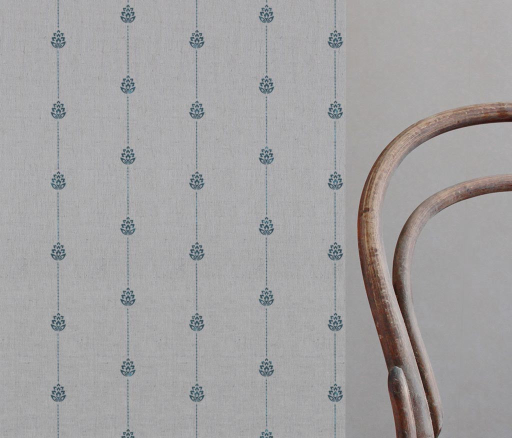 Blue Patterned Stripe Linen Curtain Fabric - Maybel Blue Stone - Natural base fabric.