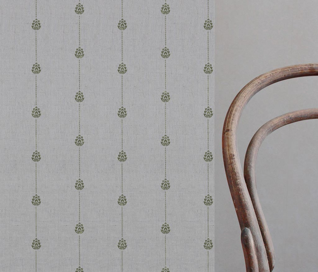 Green Patterned Stripe Linen Curtain Fabric - Maybel Khaki - Natural base fabric.