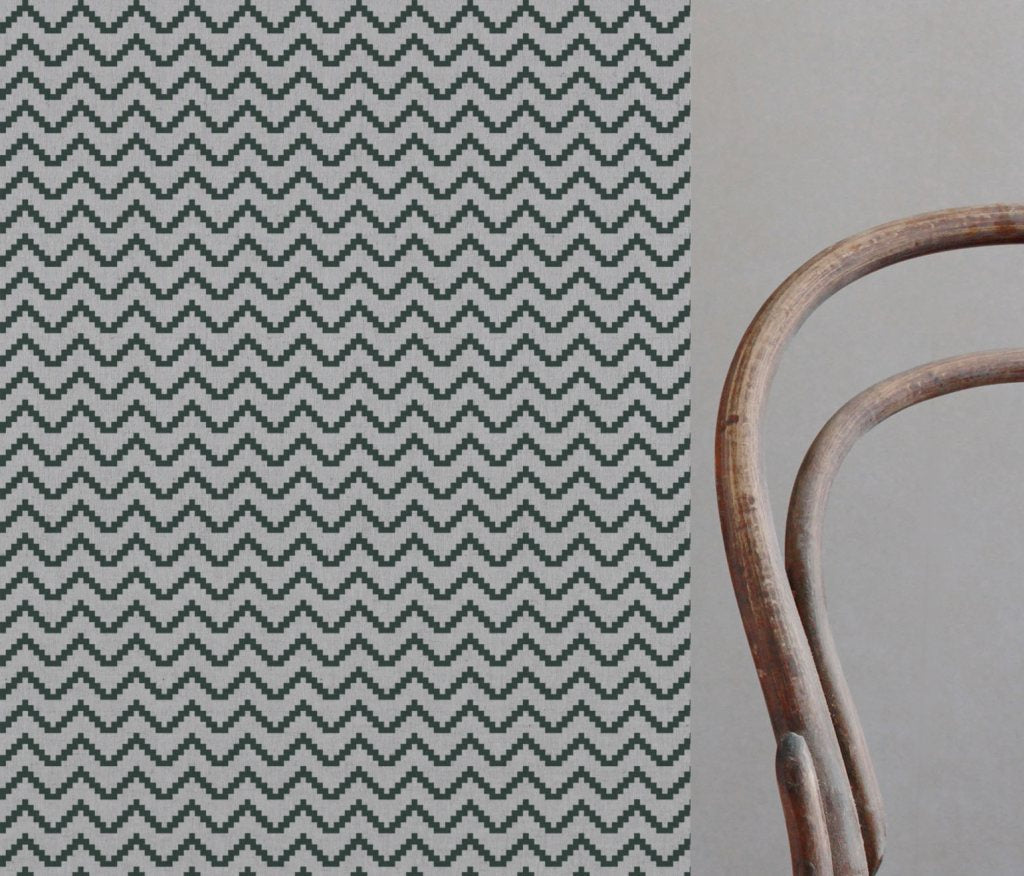 Green Patterned Linen Curtain Fabric - Azig Dark Pine - Natural base fabric.