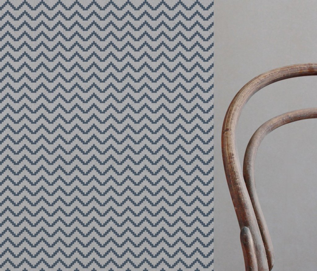 Blue Patterned Linen Curtain Fabric - Azig Denim - Natural base fabric.