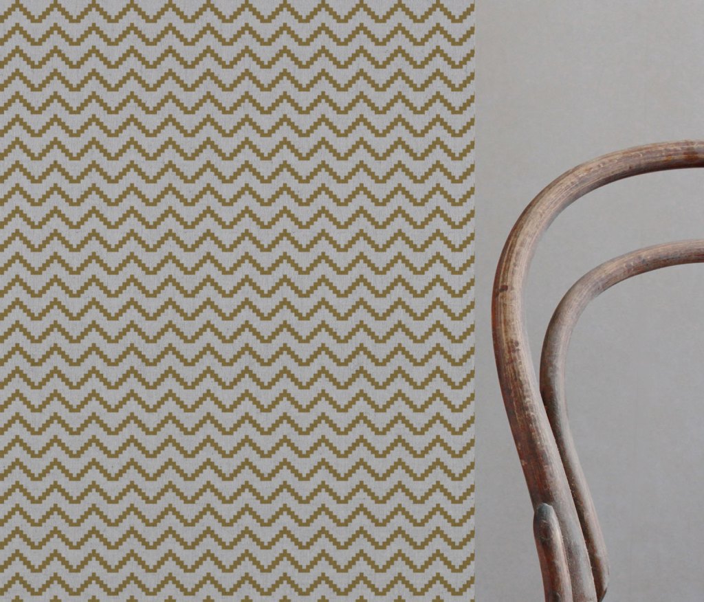Yellow Patterned Linen Curtain Fabric - Azig Gold Rod - Natural base fabric.