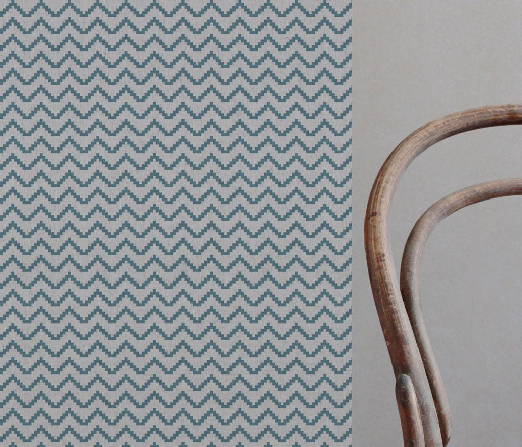 Blue Patterned Linen Fabric - Azig Marine - Natural base fabric.