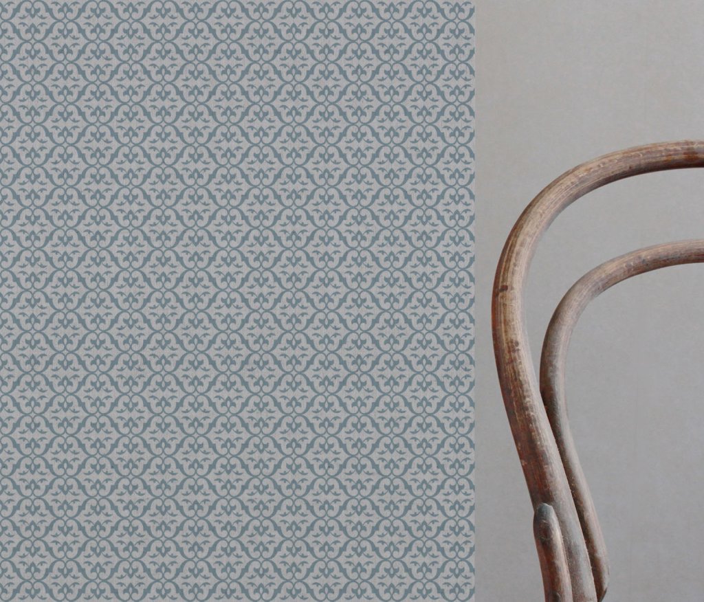 Blue Patterned Linen Curtain Fabric - Brita Sky - Natural base fabric.