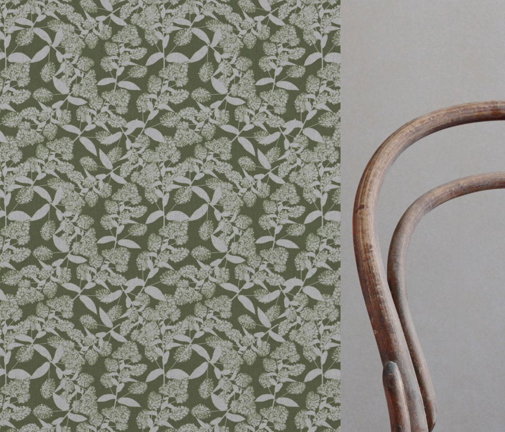Green Floral Linen Curtain Fabric - Dagmar-INV Khaki - Natural base fabric.