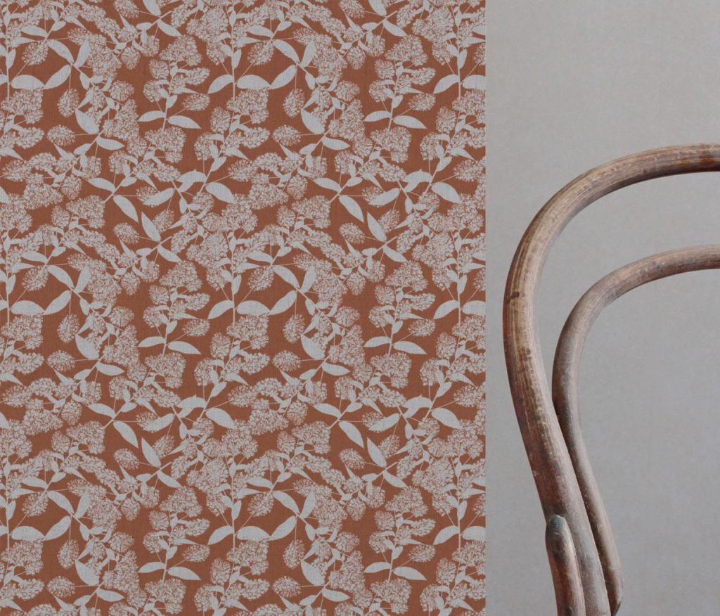 Orange Floral Linen Curtain Fabric - Dagmar-INV Pumpkin - Natural base fabric.