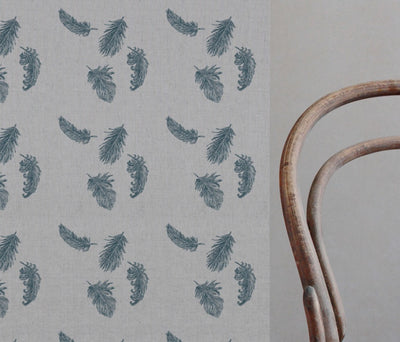 Blue Patterned Linen Curtain Fabric - Feathers Blue Stone - Natural base fabric.