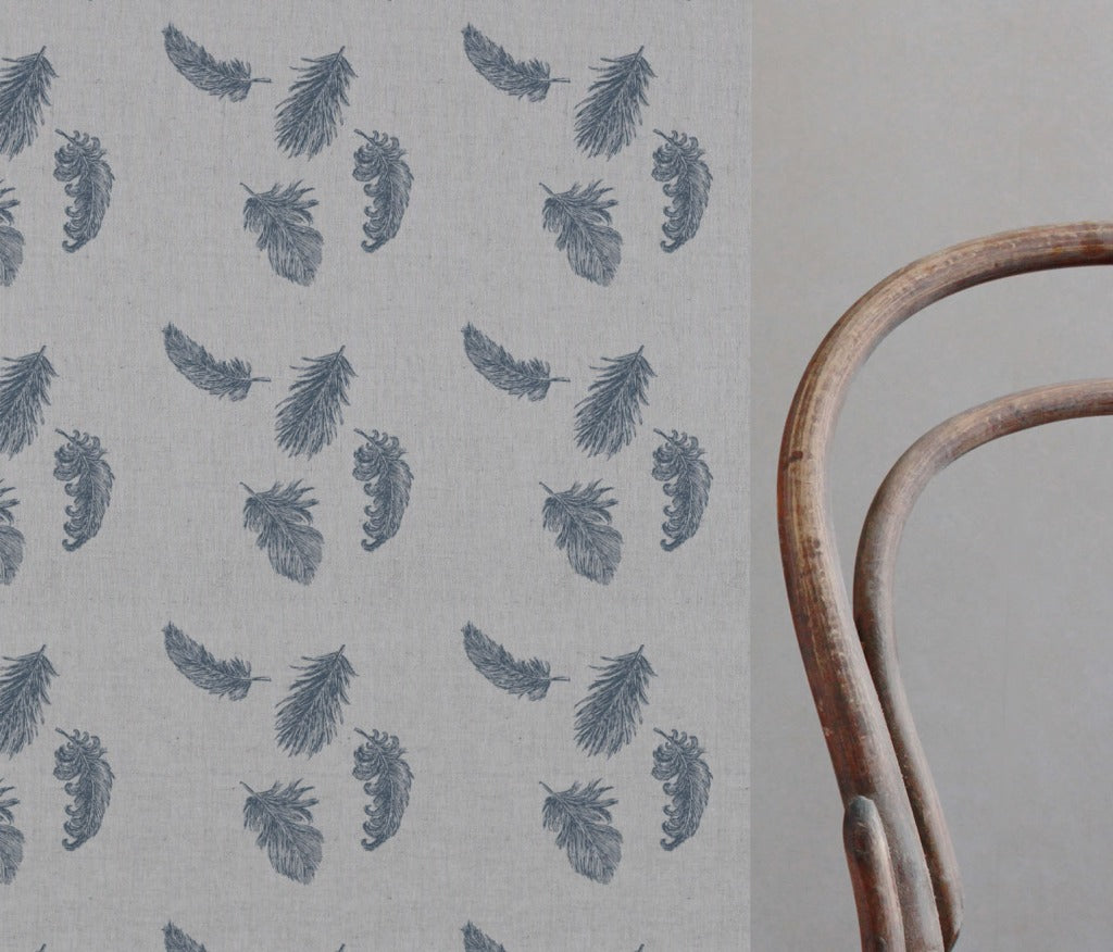 Blue Patterned Linen Curtain Fabric - Feathers Denim - Natural base fabric.