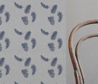Blue Patterned Linen Curtain Fabric - Feathers Night Blue - Natural base fabric.