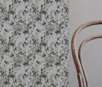 Green Floral Linen Curtain Fabric - FlowerBliss Olive - Natural base fabric.
