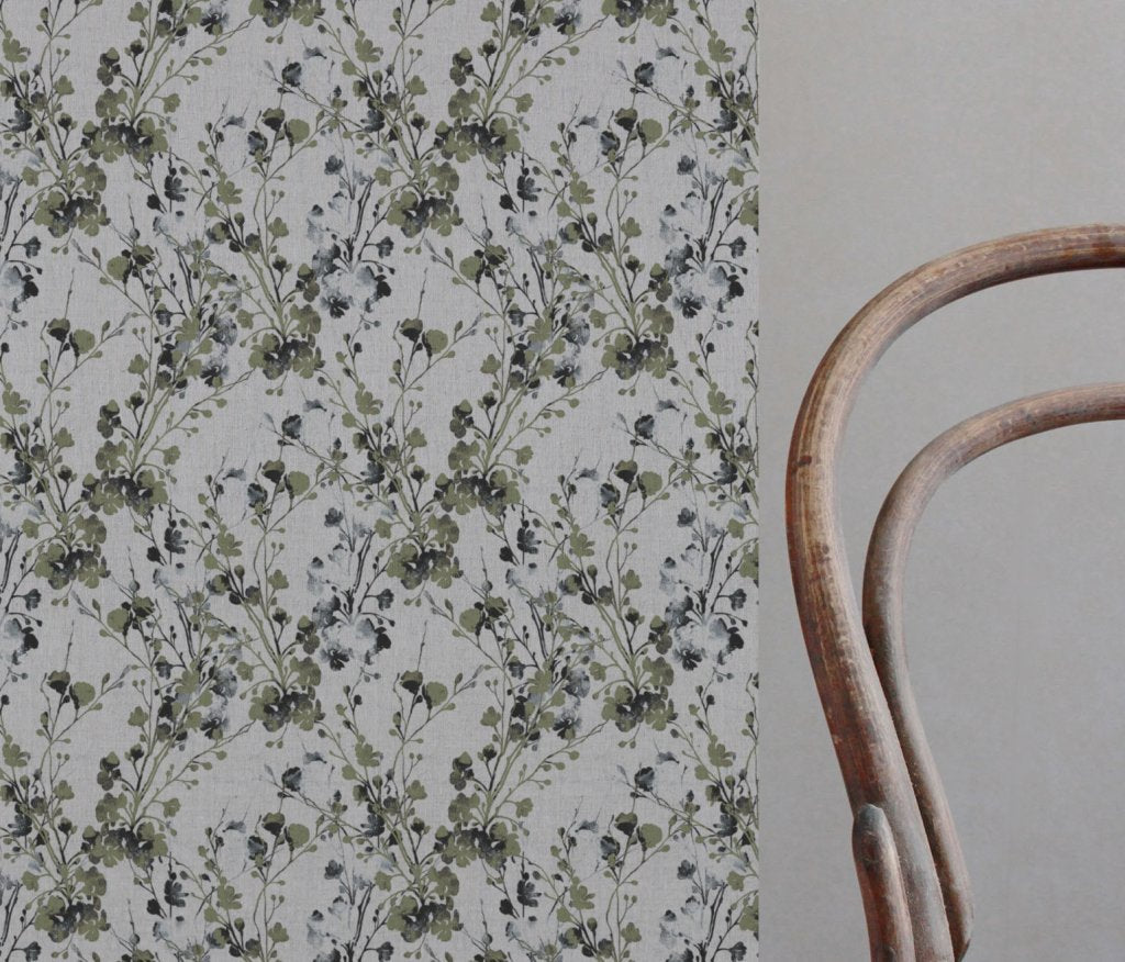 Green Floral Linen Curtain Fabric - FlowerBliss Olive - Natural base fabric.