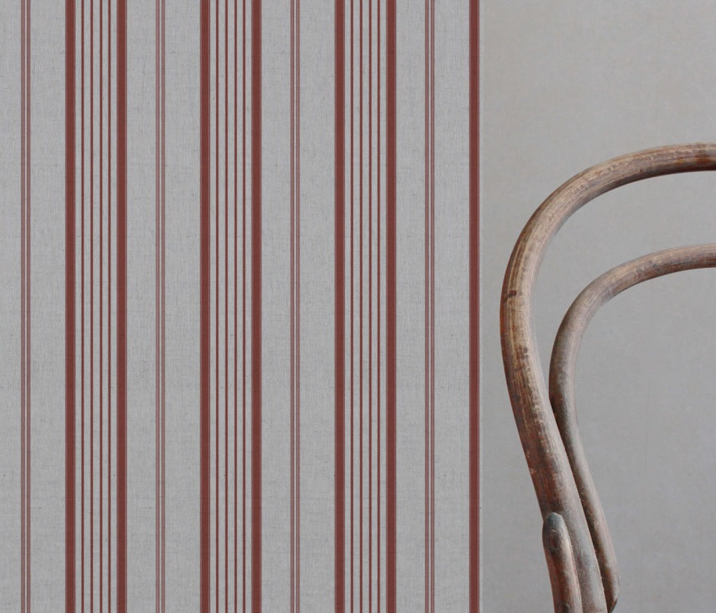 Red Striped Linen Curtain Fabric - Freja Crimson Red - Natural base fabric.