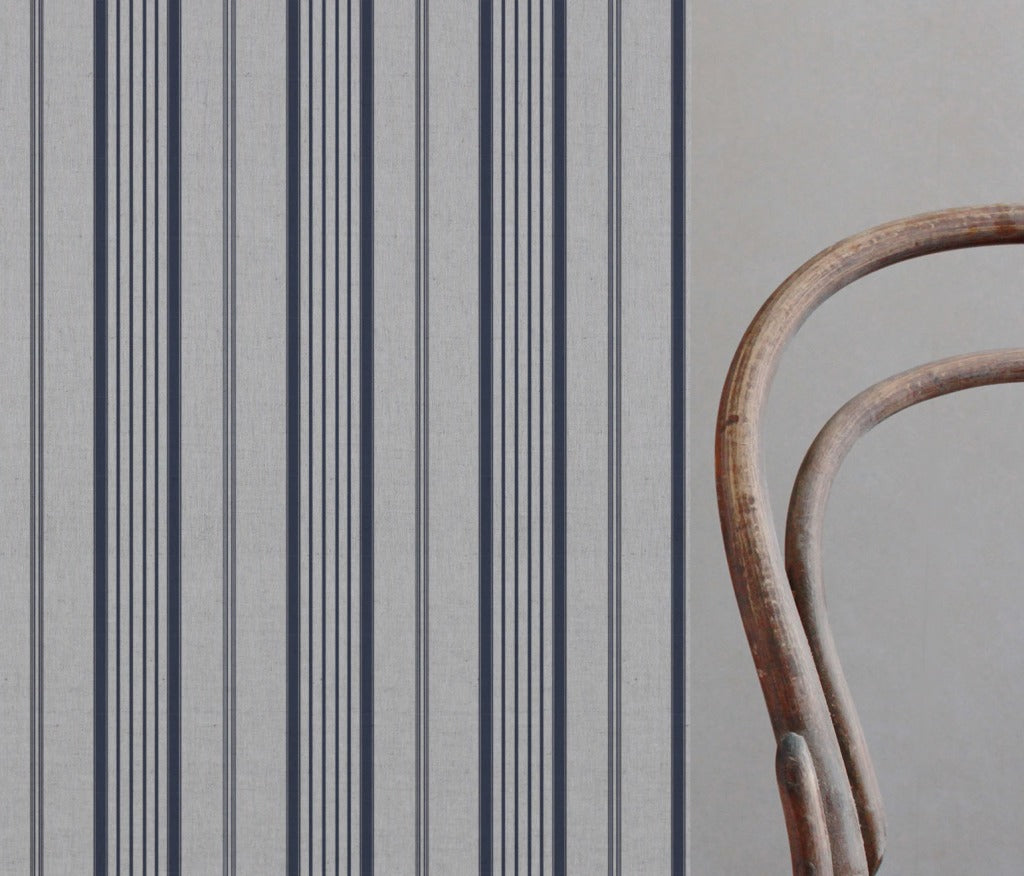 Blue Striped Linen Curtain Fabric - Freja Deep Blue - Natural base fabric.
