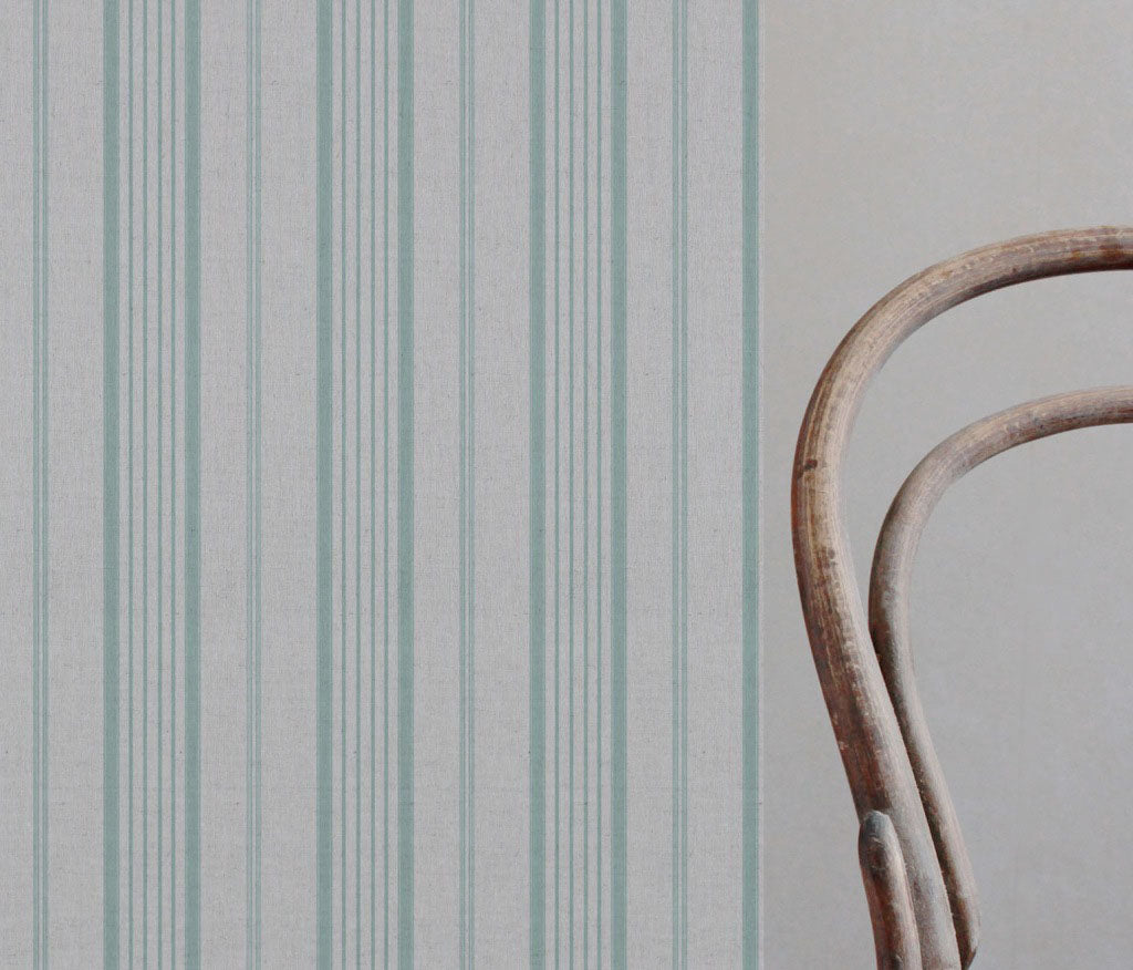 Blue Striped Linen Fabric - Freja Duckegg - Natural base fabric.