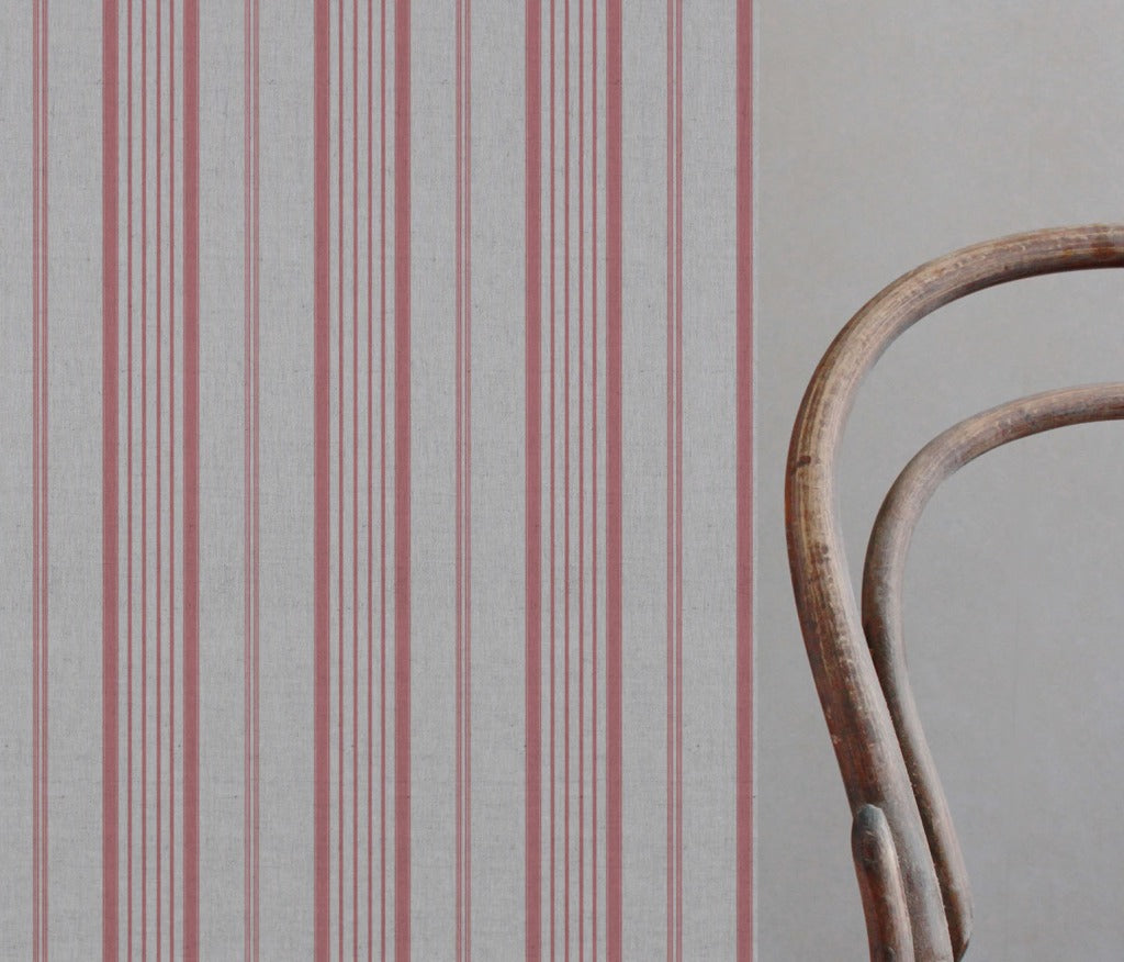 Pink Striped Linen Curtain Fabric - Freja Sweetpea - Natural base fabric.