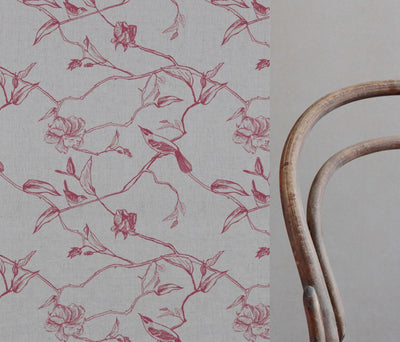 Red Floral Linen Curtain Fabric - Gardenia Cherry - Natural base fabric.