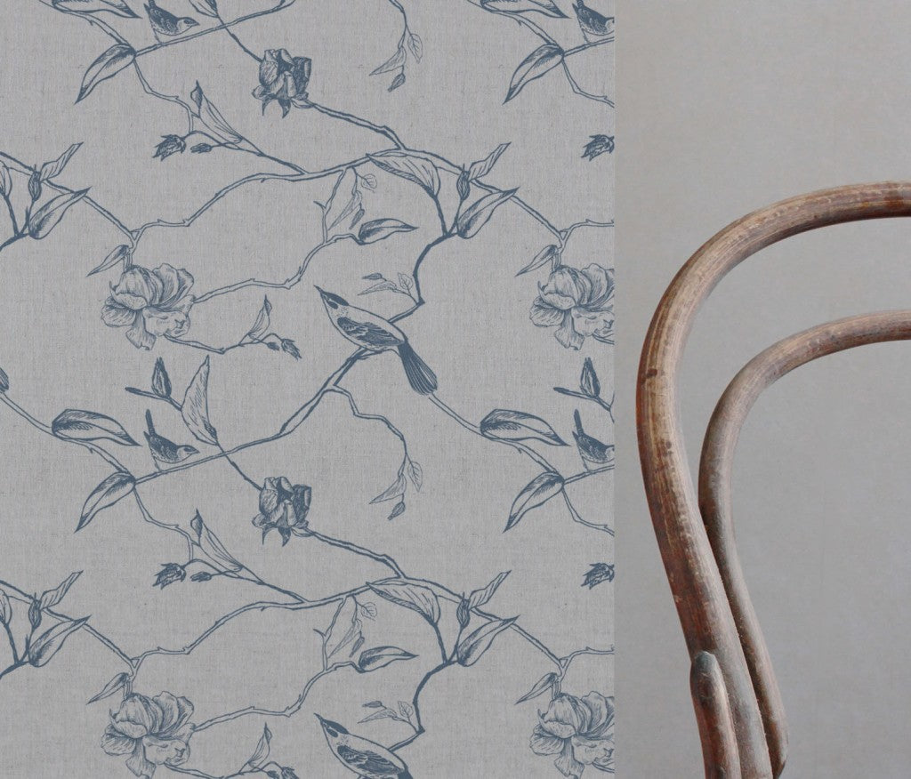 Blue Floral Linen Curtain Fabric - Gardenia Denim - Natural base fabric.