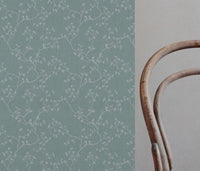 Blue Botanical Linen Fabric - Goldfinch INV-Duck egg - Natural base fabric.