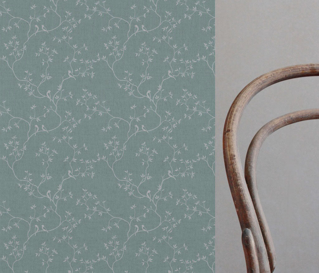 Blue Botanical Linen Fabric - Goldfinch INV-Duck egg - Natural base fabric.