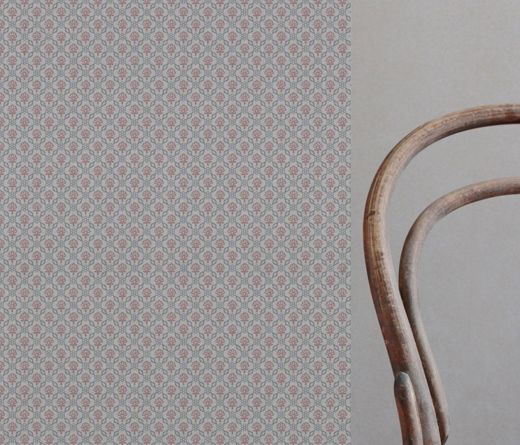 Pink Floral Linen Curtain Fabric - Hilla Pink Greige - Natural base fabric.