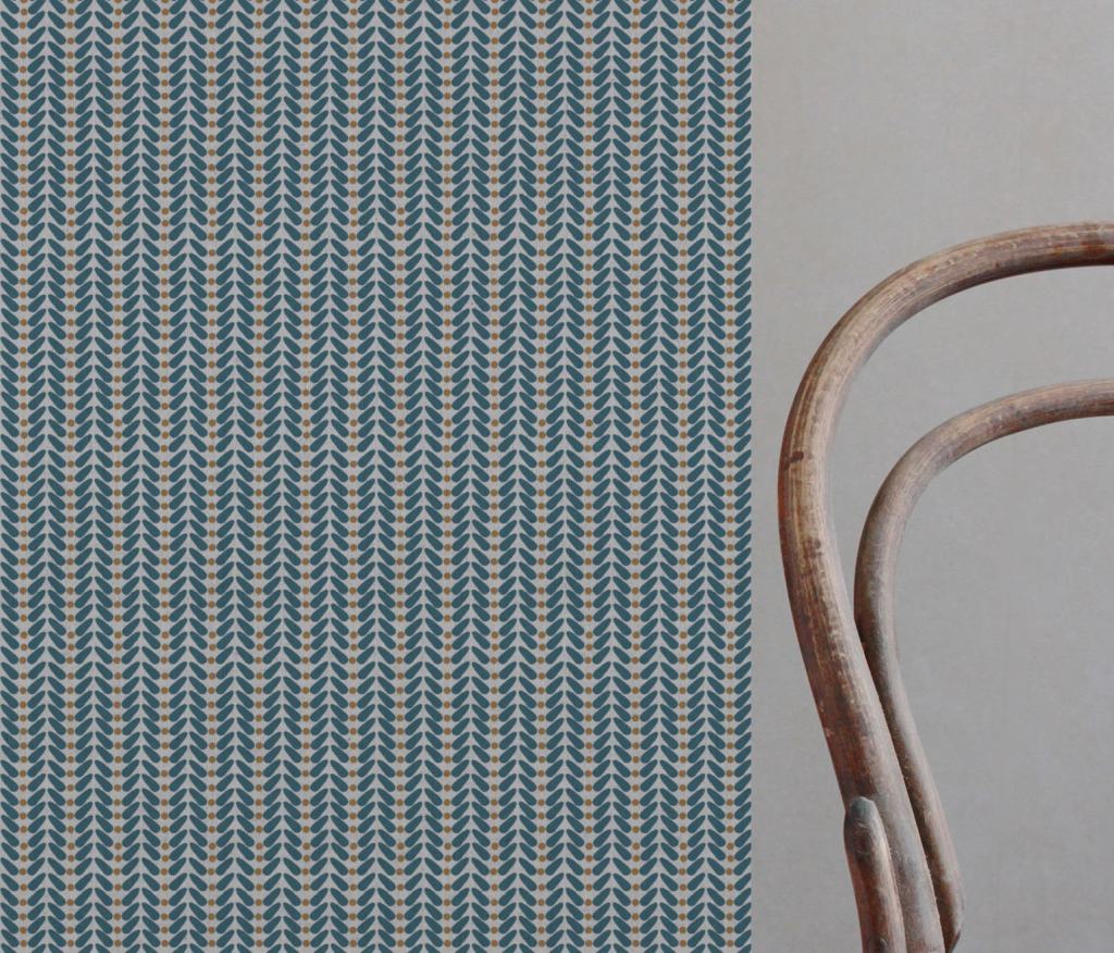 Blue / Orange Patterned Linen Curtain Fabric - Hulda Blue Stone - Ochre - Natural base fabric.