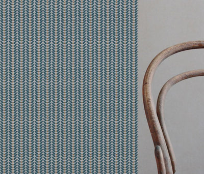Blue / Orange Patterned Linen Curtain Fabric - Hulda Blue Stone - Ochre - Natural base fabric.