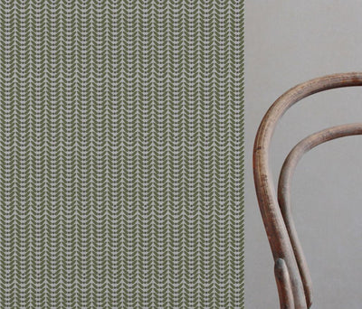 Green Patterned Linen Curtain Fabric - Hulda Khaki - Natural base fabric.