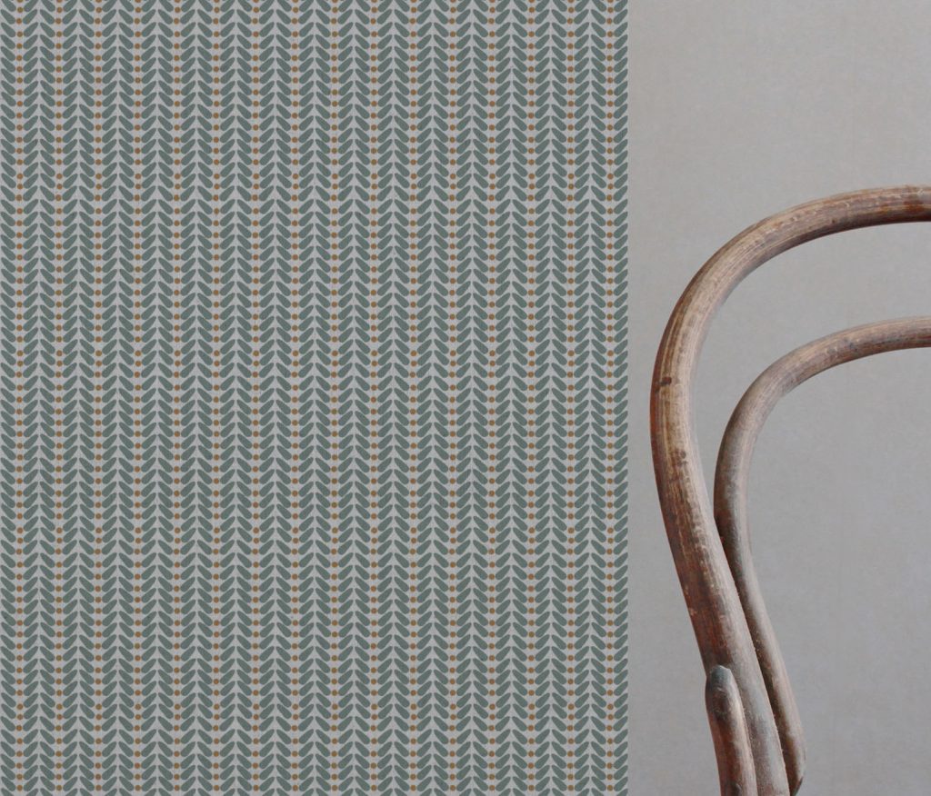 Green / Orange Patterned Linen Curtain Fabric - Hulda Sage Ochre - Natural base fabric.