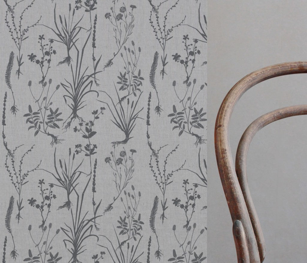 Grey Floral Linen Curtain Fabric - Iida Ash - Natural base fabric.