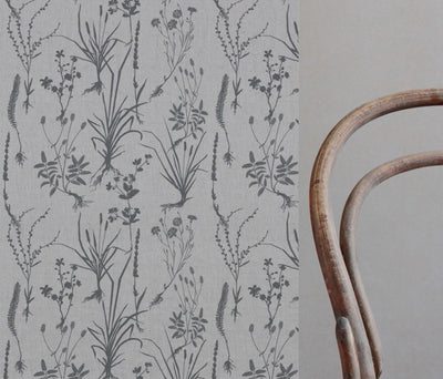 Grey Floral Linen Curtain Fabric - Iida Ash - Natural base fabric.