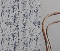 Blue Floral Linen Curtain Fabric - Iida Deep Blue - Natural base fabric.
