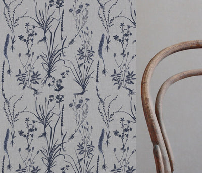Blue Floral Linen Curtain Fabric - Iida Deep Blue - Natural base fabric.