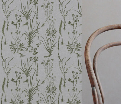 Green Floral Linen Curtain Fabric - Iida Khaki - Natural base fabric.