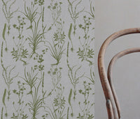 Green Floral Linen Curtain Fabric - Iida Leaf - Natural base fabric.