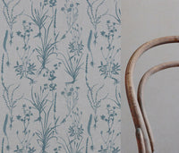 Blue Floral Linen Fabric - Iida Marine - Natural base fabric.