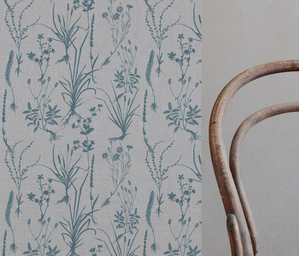 Blue Floral Linen Fabric - Iida Marine - Natural base fabric.