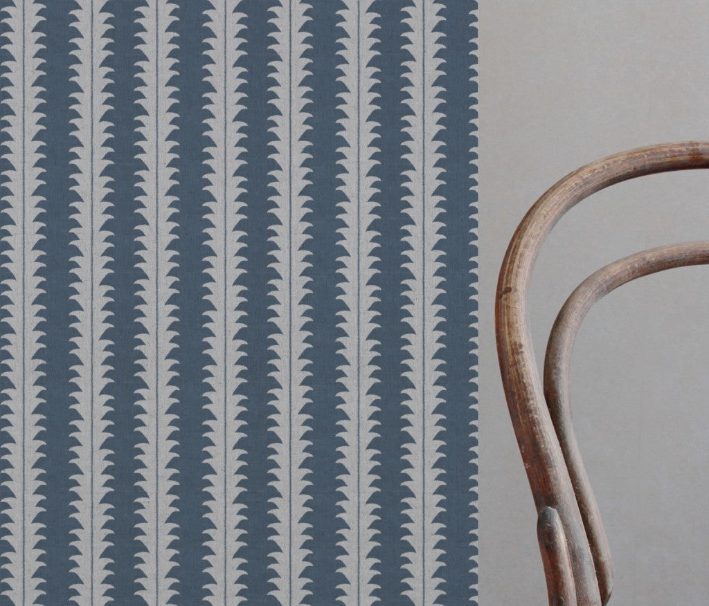 Blue Patterned Linen Curtain Fabric - Leona Denim - Natural base fabric.