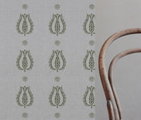 Green Patterned Linen Curtain Fabric - Maya Khaki - Natural base fabric.