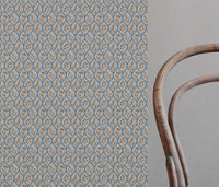 Blue / Orange / Yellow Floral Linen Curtain Fabric - Miny Blue Ochre-INV - Natural base fabric.
