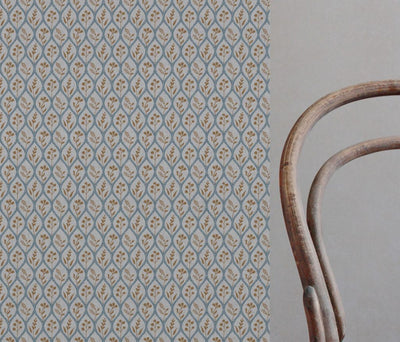 Blue / Orange / Yellow Floral Linen Curtain Fabric - Miny Blue Ochre-INV - Natural base fabric.